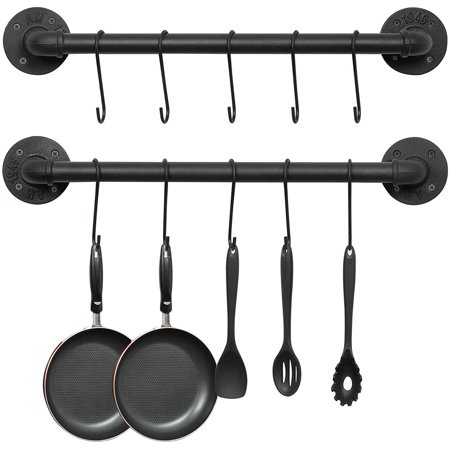 Wall Mounted Pot Pan Rack 21 Set of 2 Industrial Utensils Wall Hanger Iron Pipe Kitchen Hanging Rail with 10 S Hooks