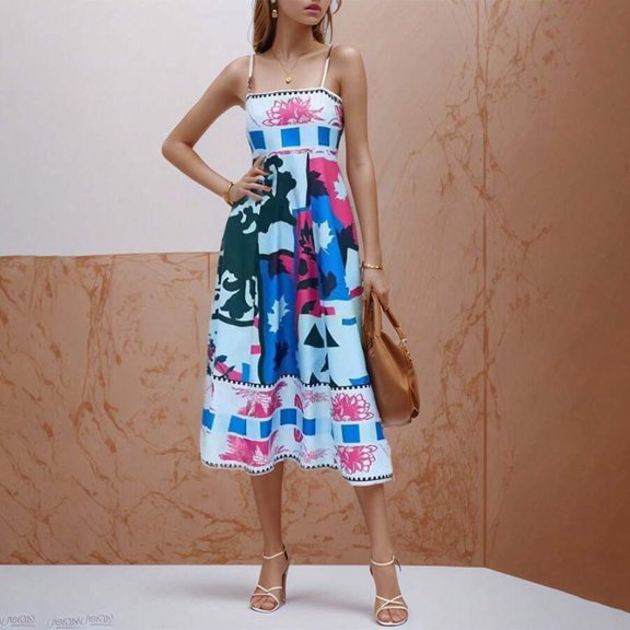 26549 white Background With Blue Flowers Womens Printed Maxi Sundress