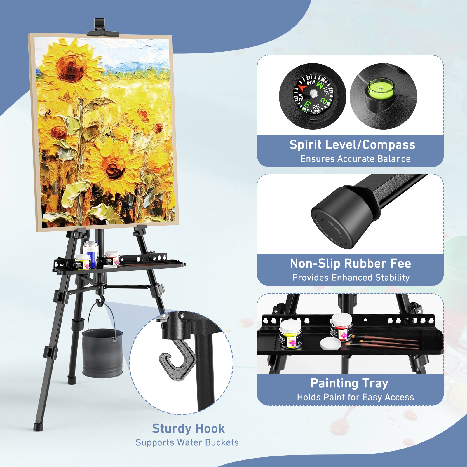 Doulami Art Easel Stand for Painting Portable Display Easel Stand Adjustable Metal Display Artist Tripod with Bag Height from 19 to 63 inches, Sturdy for Drawing, Displaying - Black