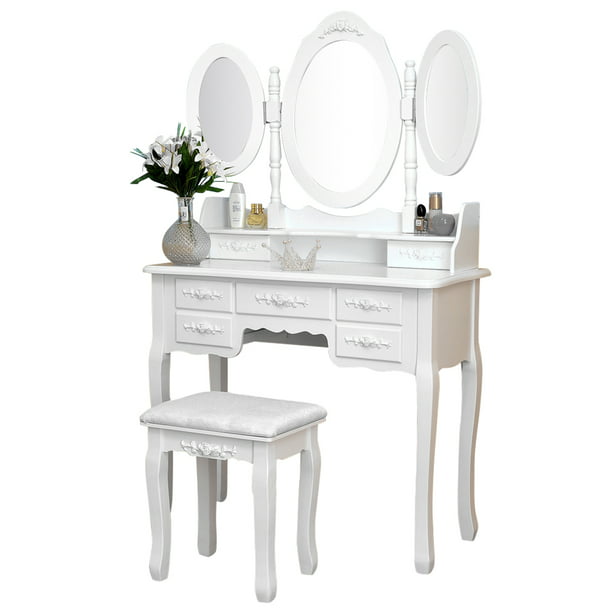 Cosmetic Table Vanity Set For Teen Girls Vanity Set With Cushioned Stool Dressing Table With 4 Drawer 360 Degree Rotation Removable Mirror Dresser S10409 Walmart Com Walmart Com