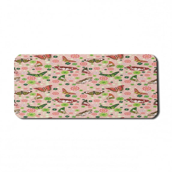 Nature Computer Mouse Pad, Butterflies Flowers Shamrocks Vibrant Botanical Inspirational Print, Rectangle Non-Slip Rubber Mousepad X-Large, 35" x 15" Gaming Size, Lime Green Pale Pink, by Ambesonne