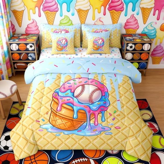Erosebridal Pink Blue Drippy Baseball Cone Print Twin Bedding Sets, Fun Treats Bedding Comforter Set for Kids Boys and Girls, Colorful Stars Reversible 7pcs