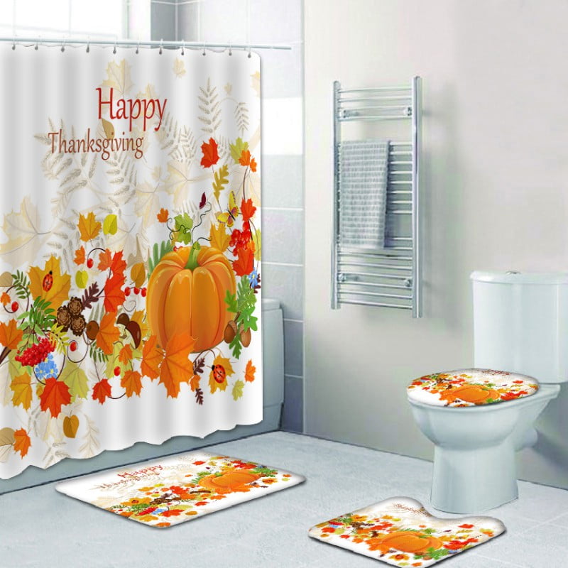 Happy Thanksgiving Home Bathroom Waterproof Fabric Shower Curtain Bath Mat Set 