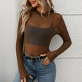 thumbnail image 4 of Tawop Women Shirts Womens Tee Shirts Round Neck Long Sleeve High Neck Solid Mesh Perspective Brown L, 4 of 7