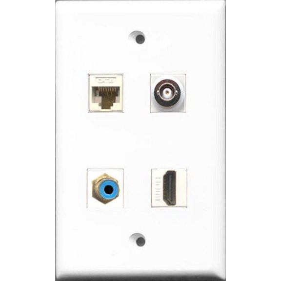 RiteAV 1 Port HDMI and 1 Port RCA Blue and 1 Port BNC and 1 Port Cat6 Ethernet White Wall Plate