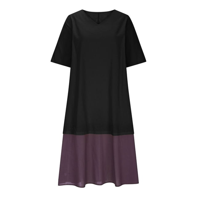 Robes Longues en Lin pour Femmes Grande Taille Manches 1/2 Amples Fluides Robe Décontractée Plage Voyage Maxi T-Shirt Robes Noir, 4TG