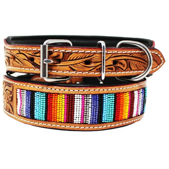Medium 17''- 21''  Dog Puppy Serape Beaded Genuine Padded Leather Collar 60191