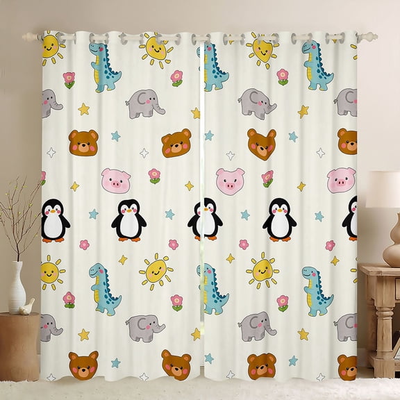 Homewish Kawaii Pig Penguin Black Out Curtains, Cute Dinosaur Elephant Bear Curtains Pack of 2 (42x63 Each), Cartoon Animal Theme Bedroom Curtains, Black Out Curtains Decor