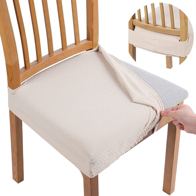 Juego de 2 fundas de asiento de silla jacquard elásticas beige para comedor, fundas protectoras de asiento de silla antipolvo lavables extraíbles