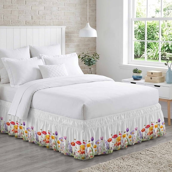 Watercolor Style Bed Skirt King Size 16" Drop Colorful Flower Bee Adjustable & Elastic Wrap Around Bed Skirts Pleated Dust Ruffles