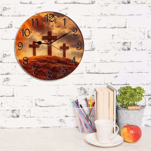 Kurmntregon Jesus God Cross Wall Clock Bible Holy Religious Mountain Wooden For Bathroom Silent Non Ticking Decorative Clock Battery Operated Home Office Living Room Decor Round 10"