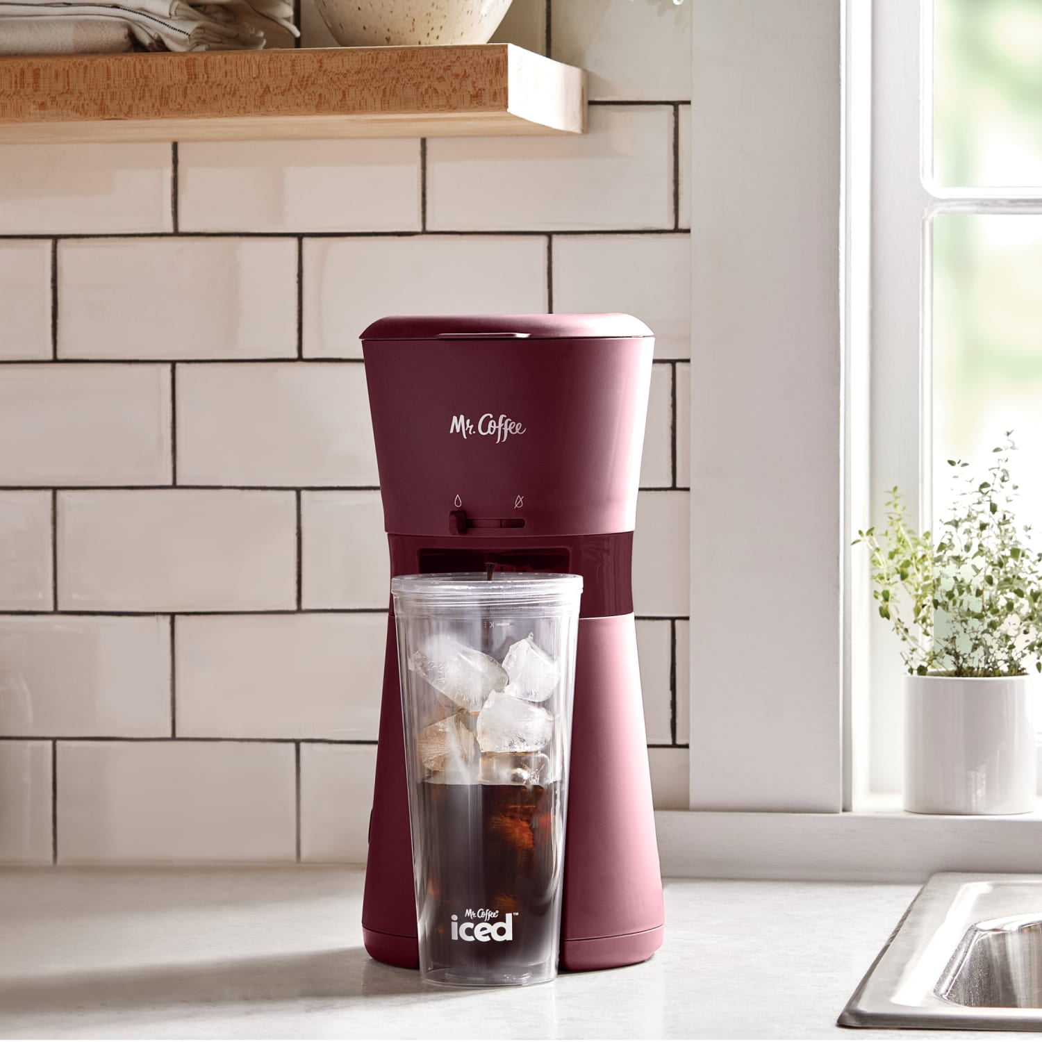 Mr. Coffee Iced Coffee Maker with Reusable Tumbler and Coffee Filter, Burgundy