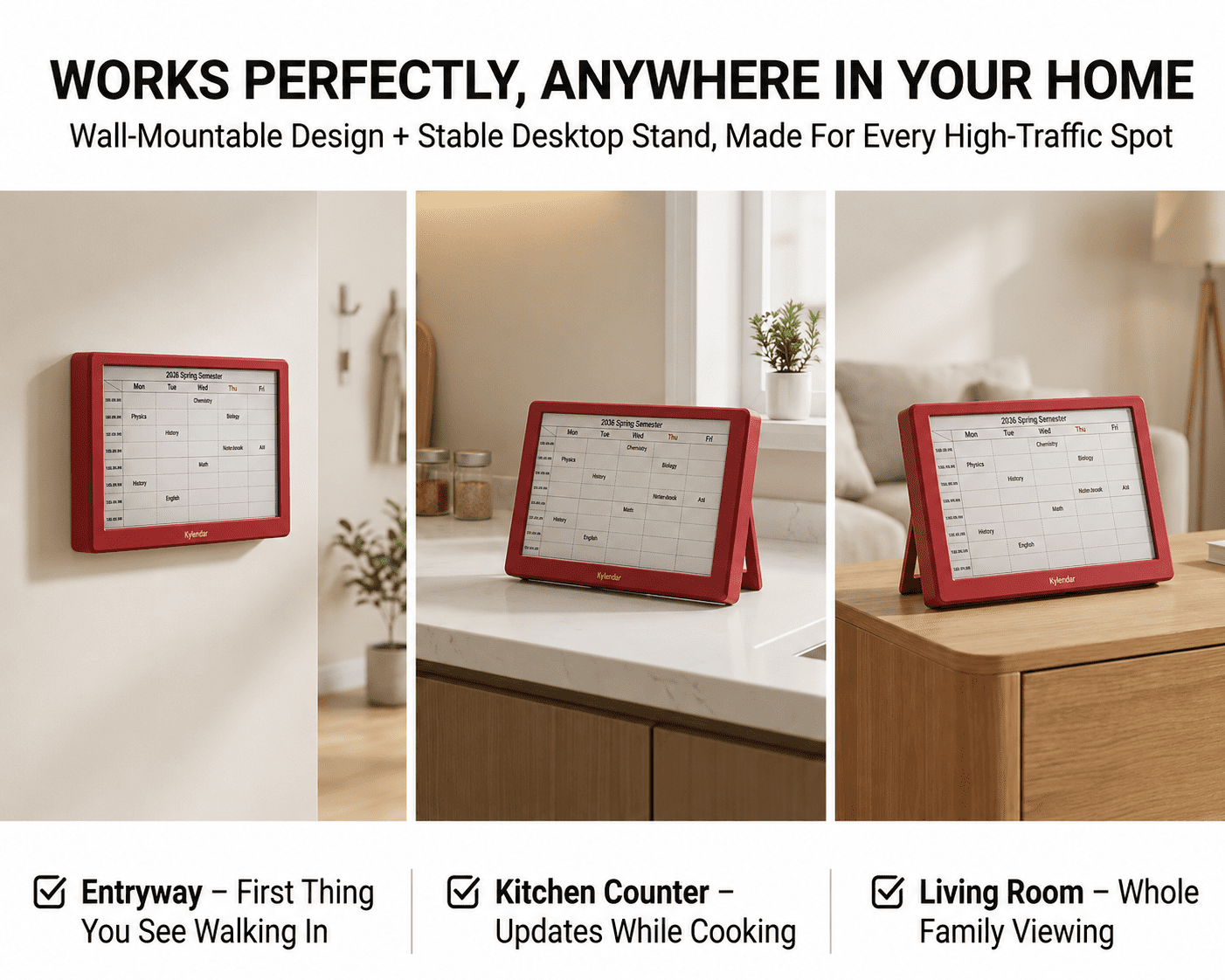 Kylendar V2 7.5" E-Ink Family Calendar, Smart Shared Schedule Display for Home Organization, Red