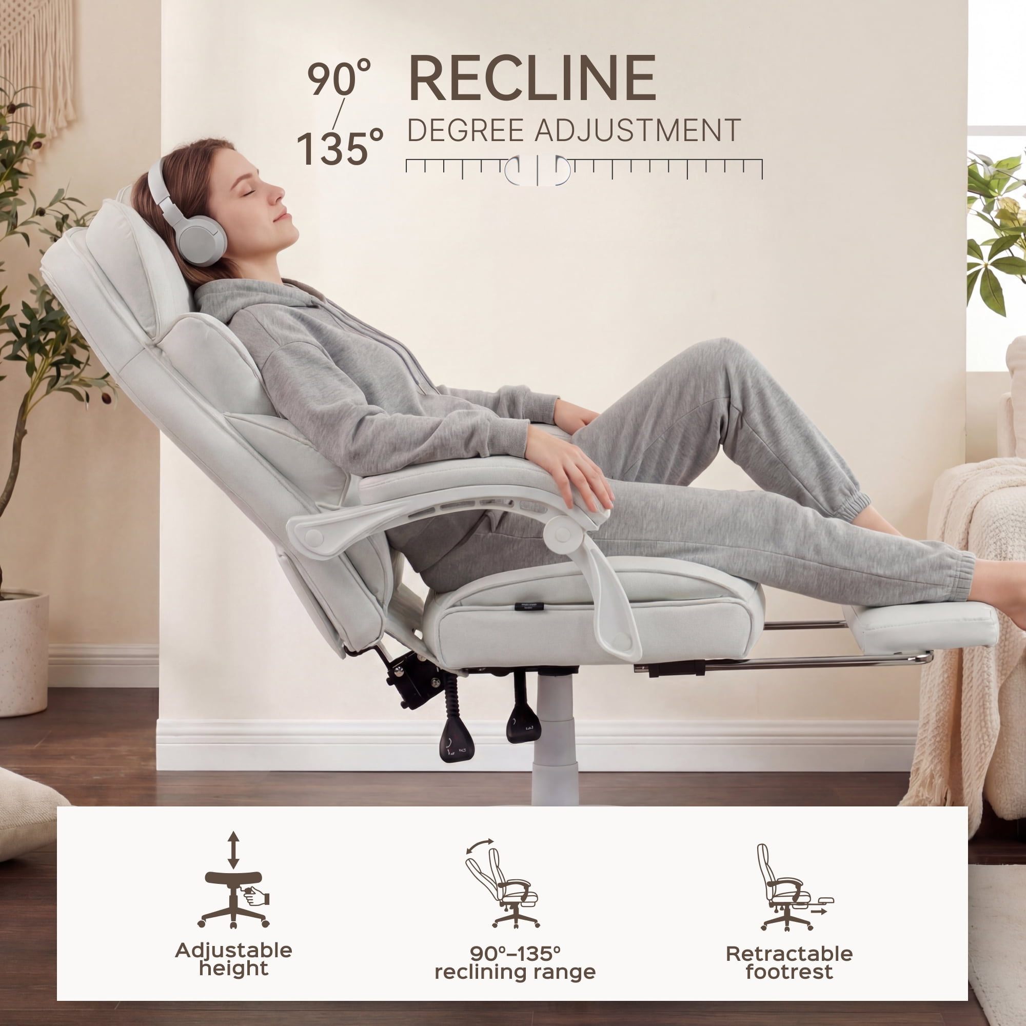 GOOSEA Adult PU High Back Indoor Residential Adjustable Seat Height and Lumbar Support Executive Chairs with Footrest, White