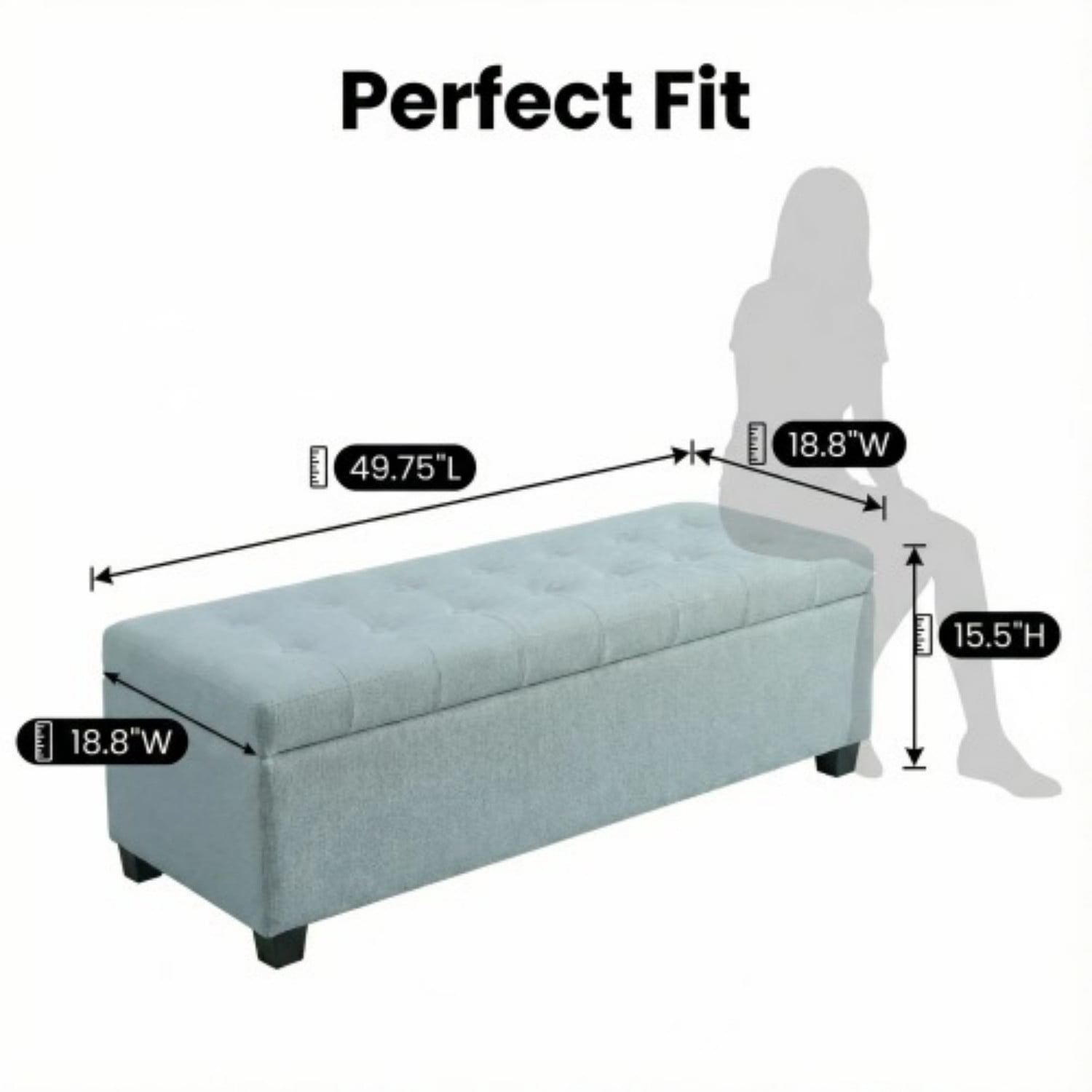 49.75" Storage Ottoman Bench, Tufted Entryway Bench with Safety Hinge, Wooden Legs Faux Leather Storage Seat for Bedroom Living Room, Baby Blue