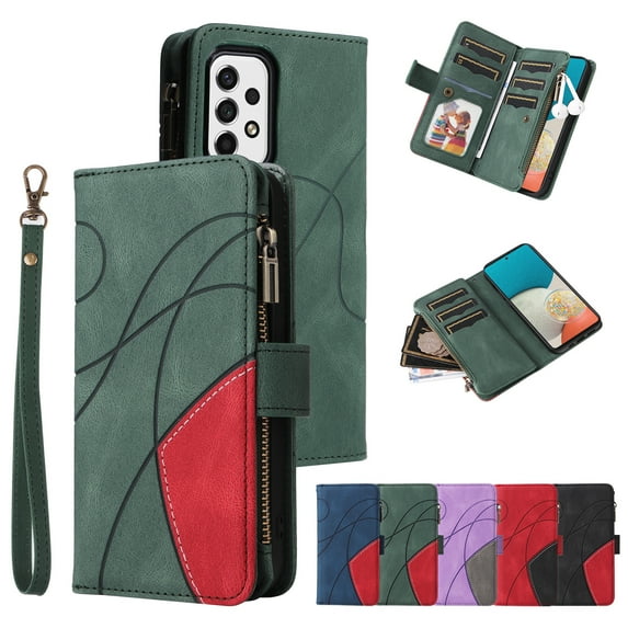 Zipper Wallet Case for Samsung Galaxy A23 5G Large Capacity Card Slots Holder Magnetic Cover, Luxury PU Leather Anti-Shock Flip Folio Case with Kickstand Wrist Strap Handbag Protective Case,Green