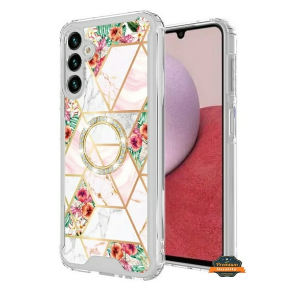For Samsung Galaxy A26 Fashion Design Bling Diamond Hybrid Protective Case, Ring Kickstand Hard PC TPU Phone Case Cover by Xpression, Marble Pink Flowers