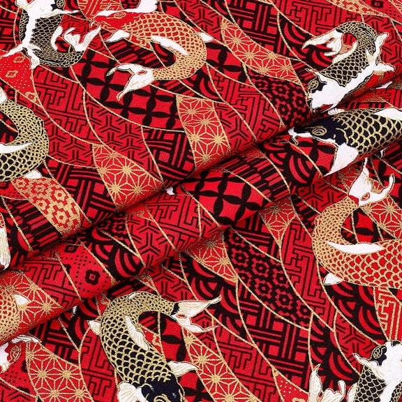 1.1 Yards x 58.3 Inch Red Japanese Fish Wave Cotton Fabrics Japanese Style Quilting Fabrics Bronzing Printed Design