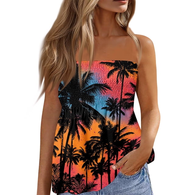 OIOLOYJM Womens Tube Top Spring Cute Strapless Palm Tree Peplum Top Backless Beach Ruffle Party Shirts Orange M