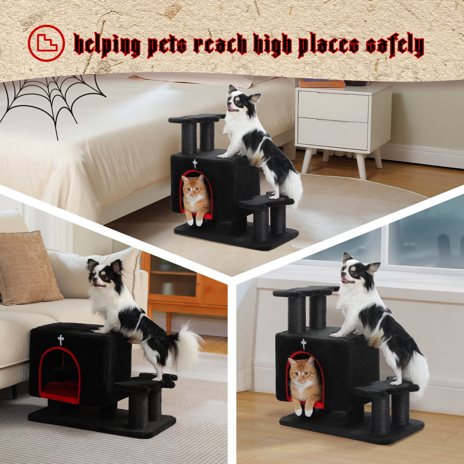 PAWZ Road 21.3" Dog Stairs with Scratching Post 3-Step Pet Stairs with Cat Condo for Small Dog Black