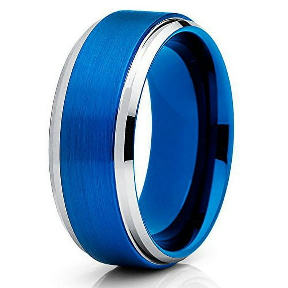 Silly Kings 8mm Brushed Blue Tungsten Carbide Wedding Ring Polished Silver Unique Edge Band 10