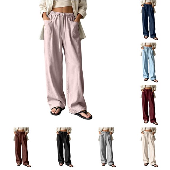 RUTAYY Women's Wide Leg Pants Elastic Waist Drawstring Solid Color Side Pockets Relaxed Fit Casual Trousers Pink