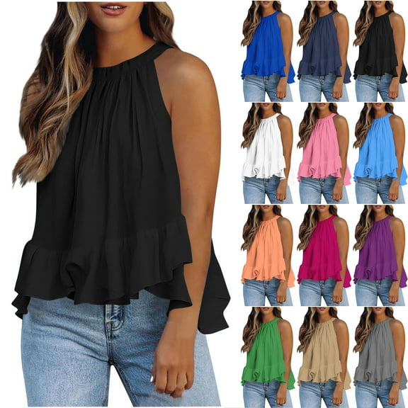 Otntypg Halter Tank Tops for Women Dressy Casual Summer Sleeveless Adjustable Tie Neckline Ruffle Hem Beach Tunic Vest Loose Flowy Elegant Blouse Black M