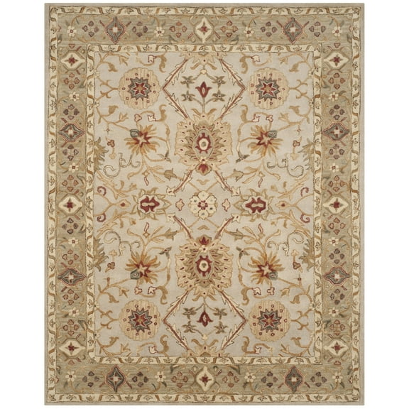 SAFAVIEH Antiquity Bernadette Floral Bordered Wool Area Rug, Grey Beige/Sage, 9'6" x 13'6"