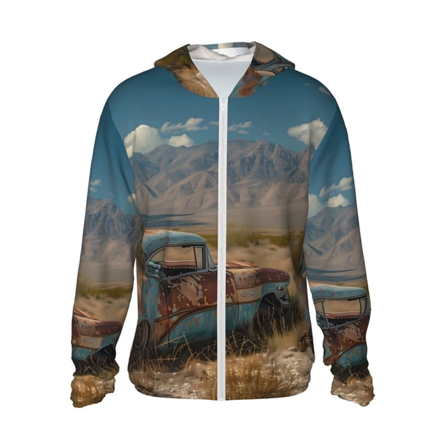 Fotbe Deserted Classic Car Landscape Chaqueta con Protección Solar UPF 50+ para Hombre y Mujer, Camisa con Capucha y Bolsillos-Small