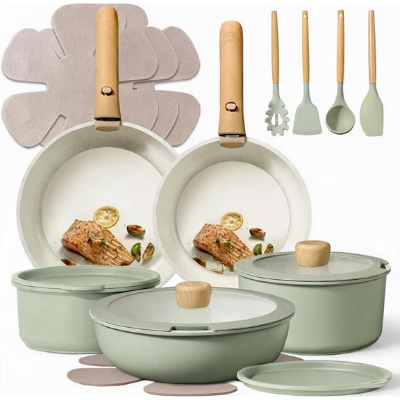 Nonstick Cookware Set with Detachable Handles 19 Piece Oven Safe Induction Compatible Sage Green