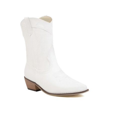

Zodanni Ladies Non-Slip Western Boot Outdoor Pointed Toe Cowgirl Boots Comfort Vintage Stacked Heel Embroidered Shoes White PU Upper 8