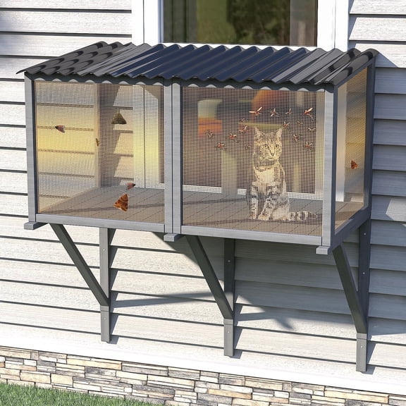 TIMHAKA Cat Catio, Cat Window Perch for Large Indoor Pets, Wooden Window Hammock for Sunbathing, Napping & Overlooking, Gery