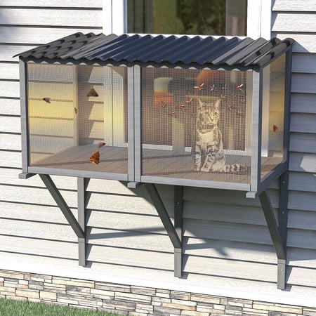 TIMHAKA Cat Catio, Cat Window Perch for Large Indoor Pets, Wooden Window Hammock for Sunbathing, Napping & Overlooking, Gery