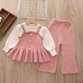 thumbnail image 4 of JIAYUE Girls Clothing Set Puff Sleeve Knit Ruffle Button Strap Dress Flared Knit Pants 2 Piece Outfit For Autumn Back To School,2-3 Years, 4 of 5