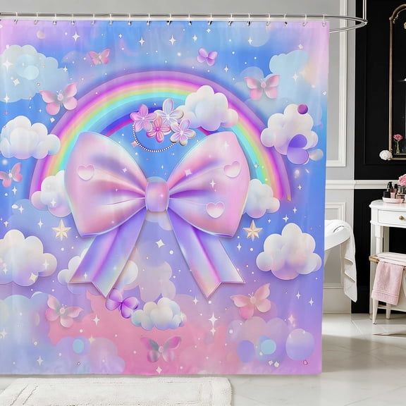 Erosebridal Cloud Rainbow Bow Butterfly Shower Curtain 72Wx72L for Girls, Dreamy Sky Star Flower Pastel Waterproof Bathroom Curtain