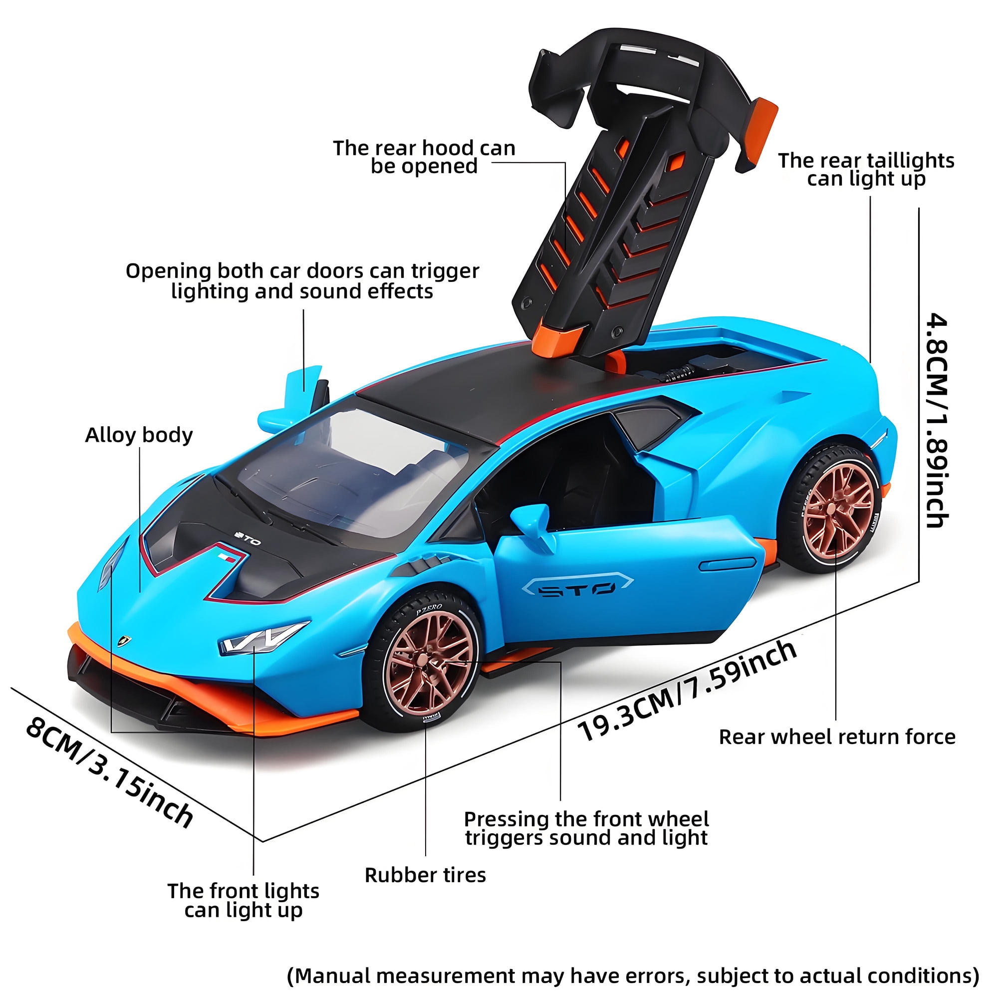 Anmyjuly Model Car 1/24 Scale Lambo Huracan STO Die Cast Metal Toy Cars,Pull-back Car with Lights and Sounds,Blue