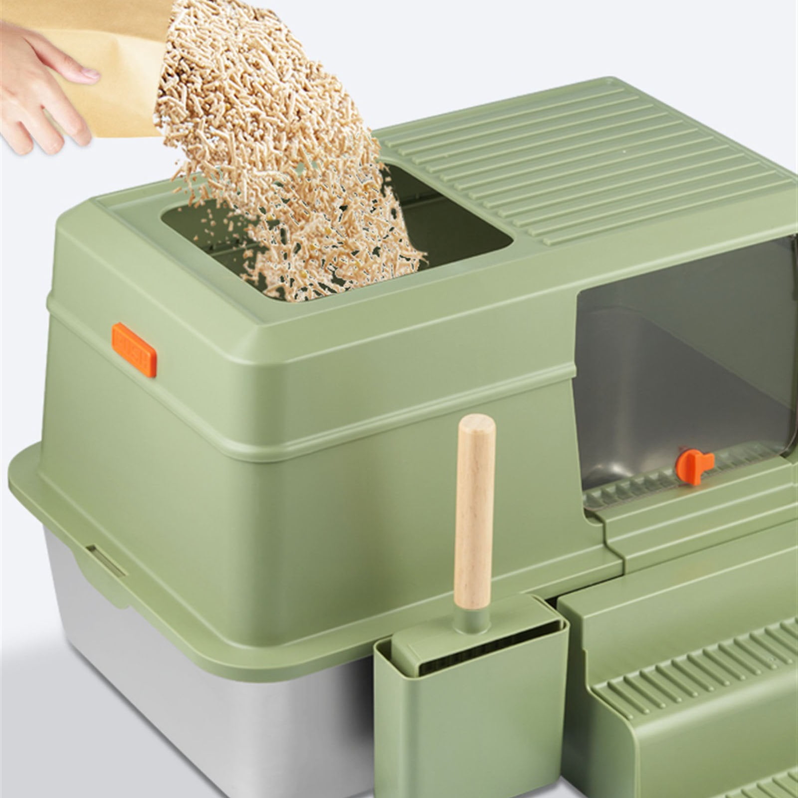 Stainless Steel Litter Box with Lid, Front Entry Top Exit Kitty Litter Box, Easy Clean Metal Kitty Litter Box with Litter Scoop and Climbing Ladder