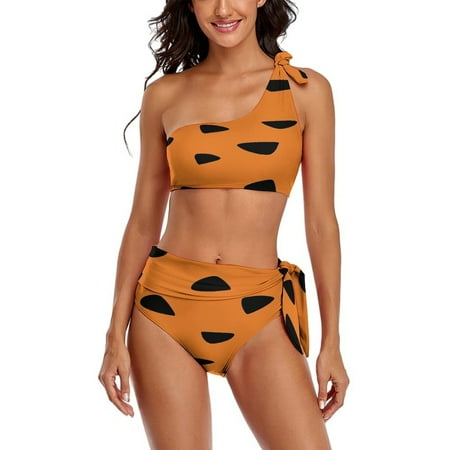 Flintstones Texture One Shoulder Bowknot Swimsuit Two Piece Swimsuit Knot Crop Top Bikini High Waisted Bathing Suit