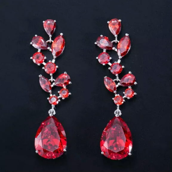 Silver Plated Purple Cubic Zirconia Women Long Leaf Drop Bridal Wedding Earrings