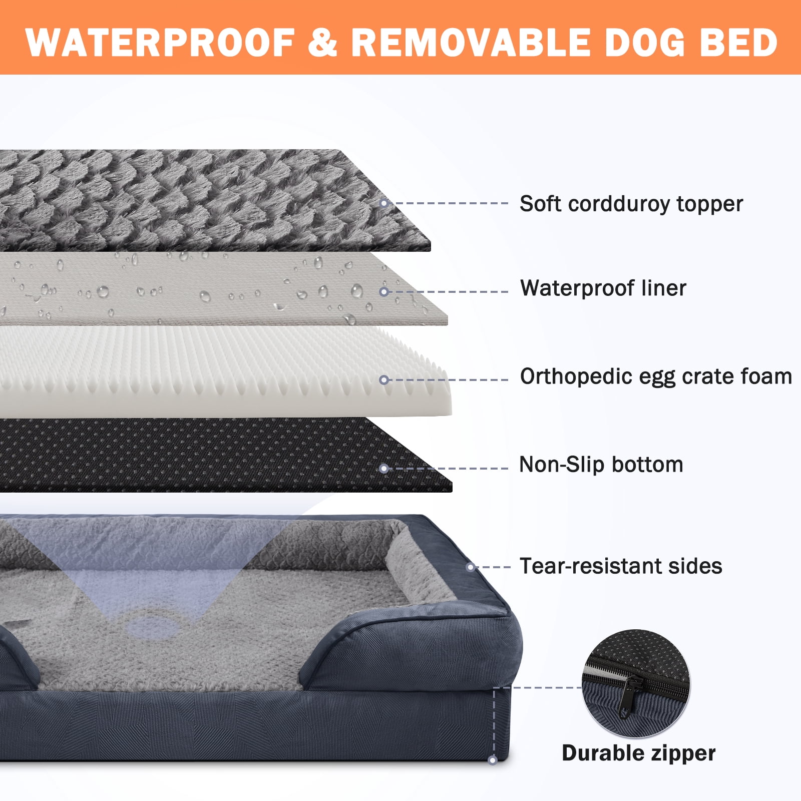 Extra Large Orthopedic Dog Bed, Waterproof Dog Couch Bed with Removable Washable Cover, Dog Sofa Bed X Large, Egg-crate Foam, Waterproof Lining, Nonskid Bottom, Gray, 42in