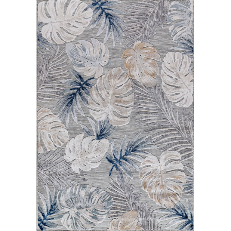 CAMILSON Indoor/Outdoor Rug Navy Blue 5'3”x7' Leaf Tropical Botanical Area  Rugs for Indoor and Outdoor patios, Easy-Cleaning Non-Shedding Living Room