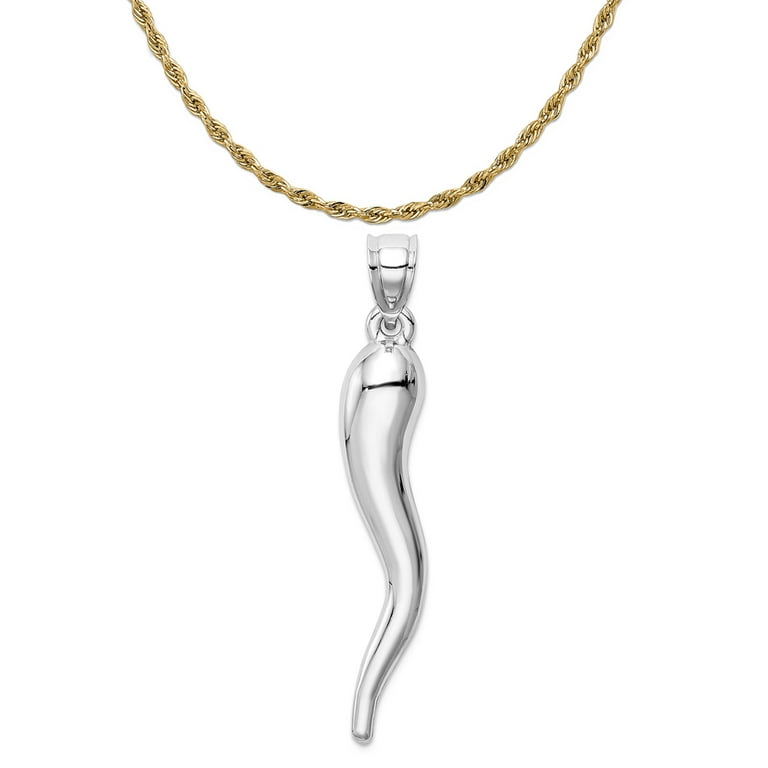 14K White Gold Hollow 3D Italian Horn Pendant With 14K Yellow Gold Light  Weight Rope Chain 20