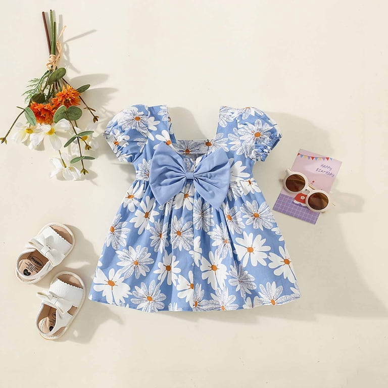Odeerbi 6m-3y Toddler Girls Cute Dresses Cotton Dress Summer Daisy Dress Round Neck Bubble Short Sleeve Bow Floral Dress Baby Clothes Blue, Infant