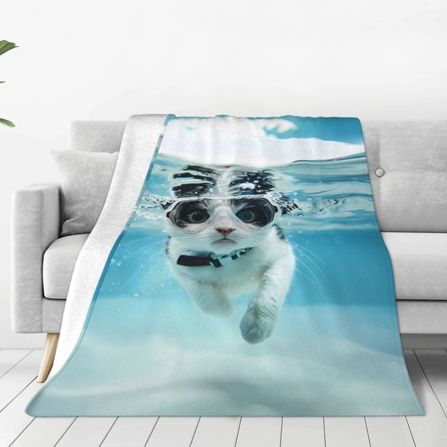 KLL Swimming Cat Goggles Pattern Fleece Throw Blanket,Fleece Throw Blankets for Couch & Bed All Season Use-40"x30"