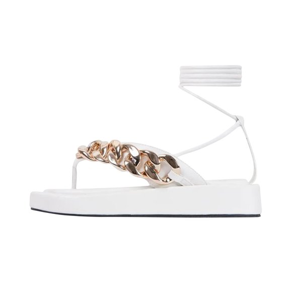 OAVQHLG3B Women's Casual Beach Flat Bottom Chain Decorative Ankle Cross Strap Thong Sandals