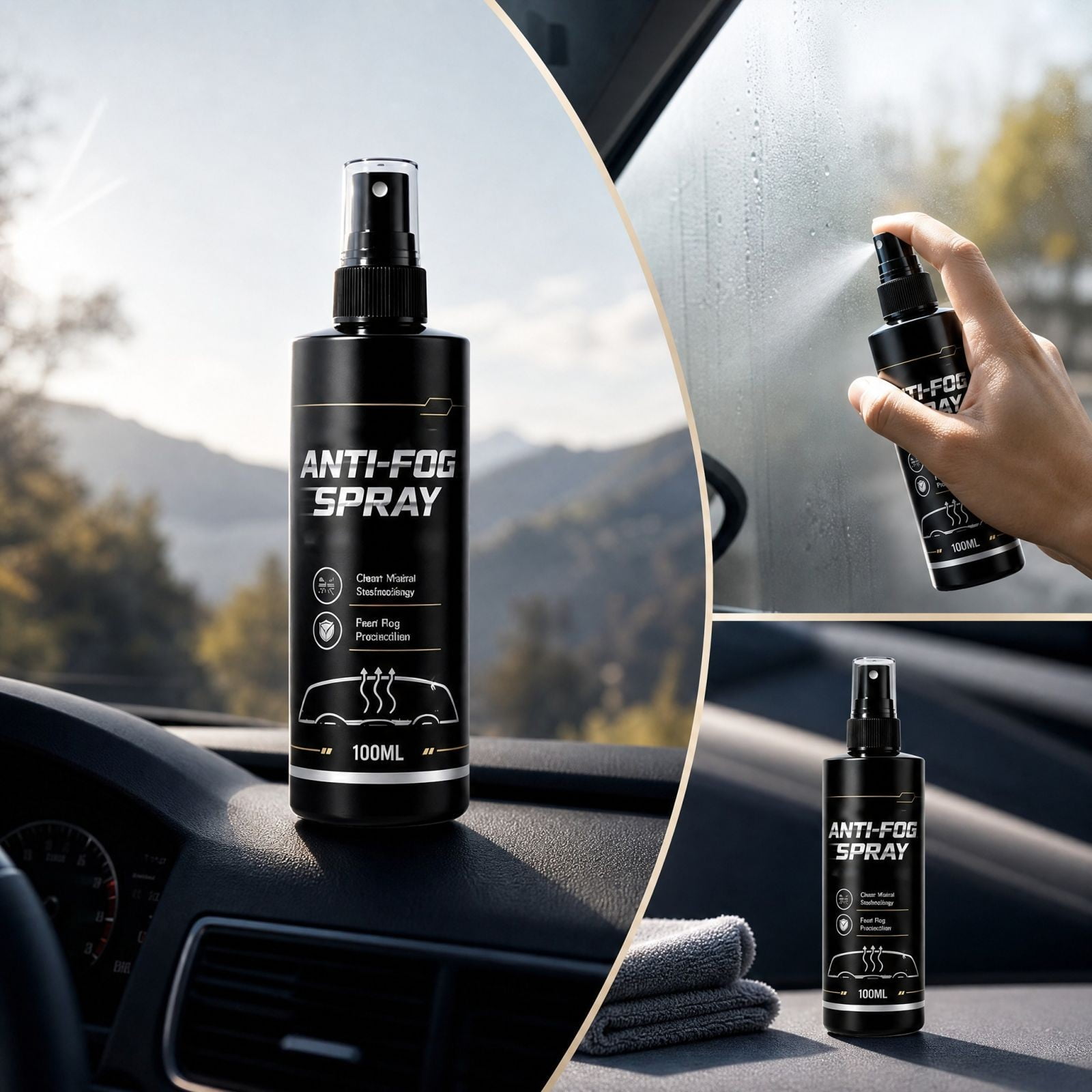Car Against Fog Spray 100ml Interior Glass Against Fog Coating Spray for Windshield Windows Mirrors with Microfiber Towel for Fog Free Driving Winter Visibility and Lens Cleaner