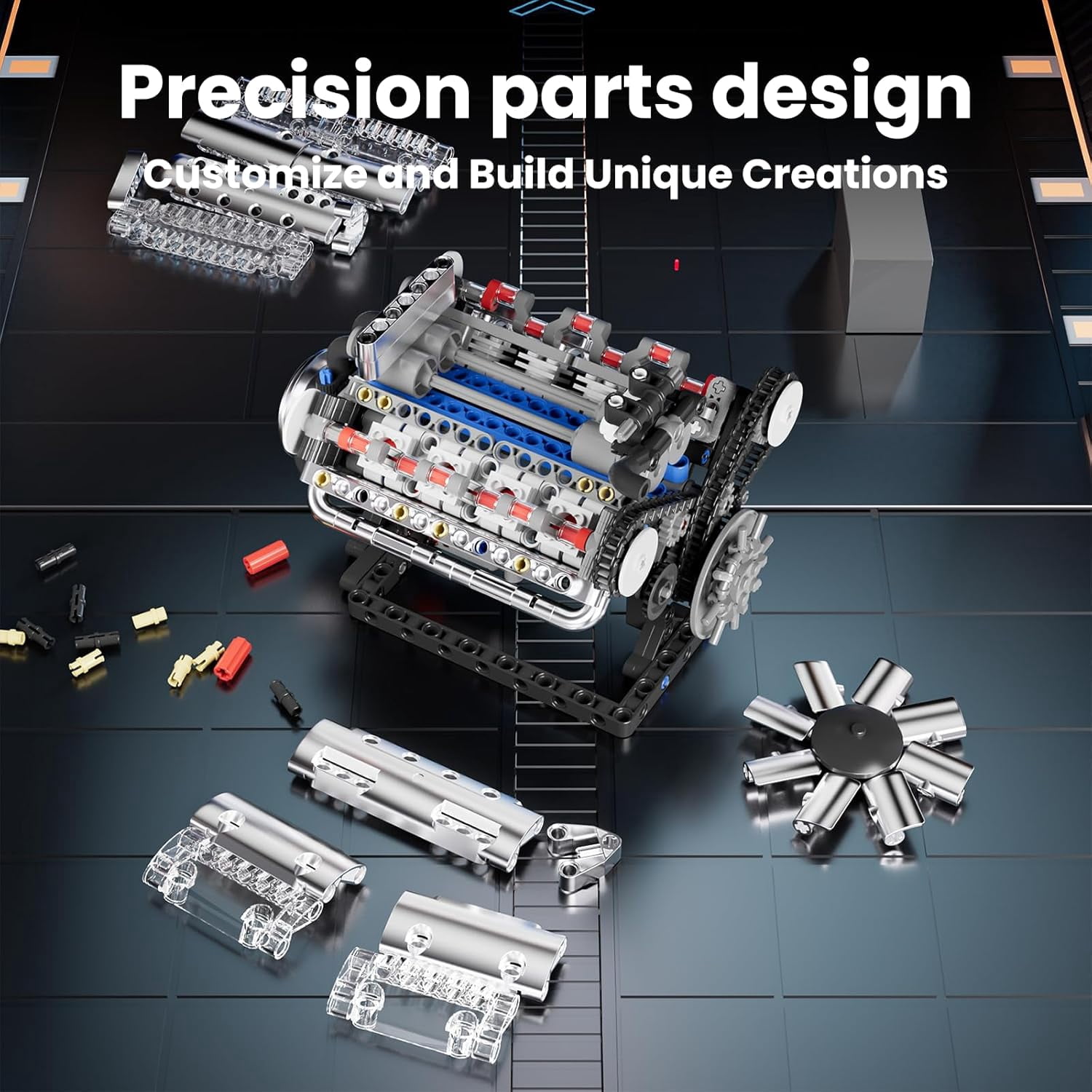 V8 Engine Model Kit Build Your Own STEM Mini V8 Model Engine Building Blocks Sets that Worksfor Adults,535Pcs