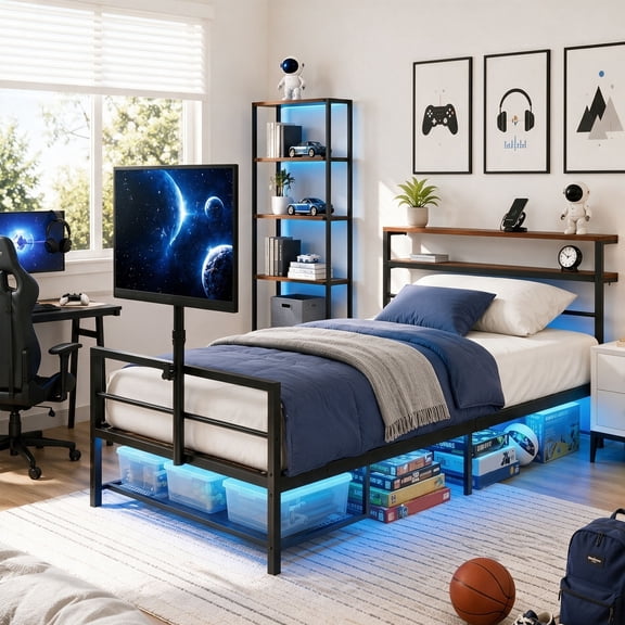 LFGUIZO Twin Size Gaming Black Metal Bed Frame TV Mount & Charge Station in Wood Headboard, LED Lights,with Vented Storage Shelf No Box Spring Needed