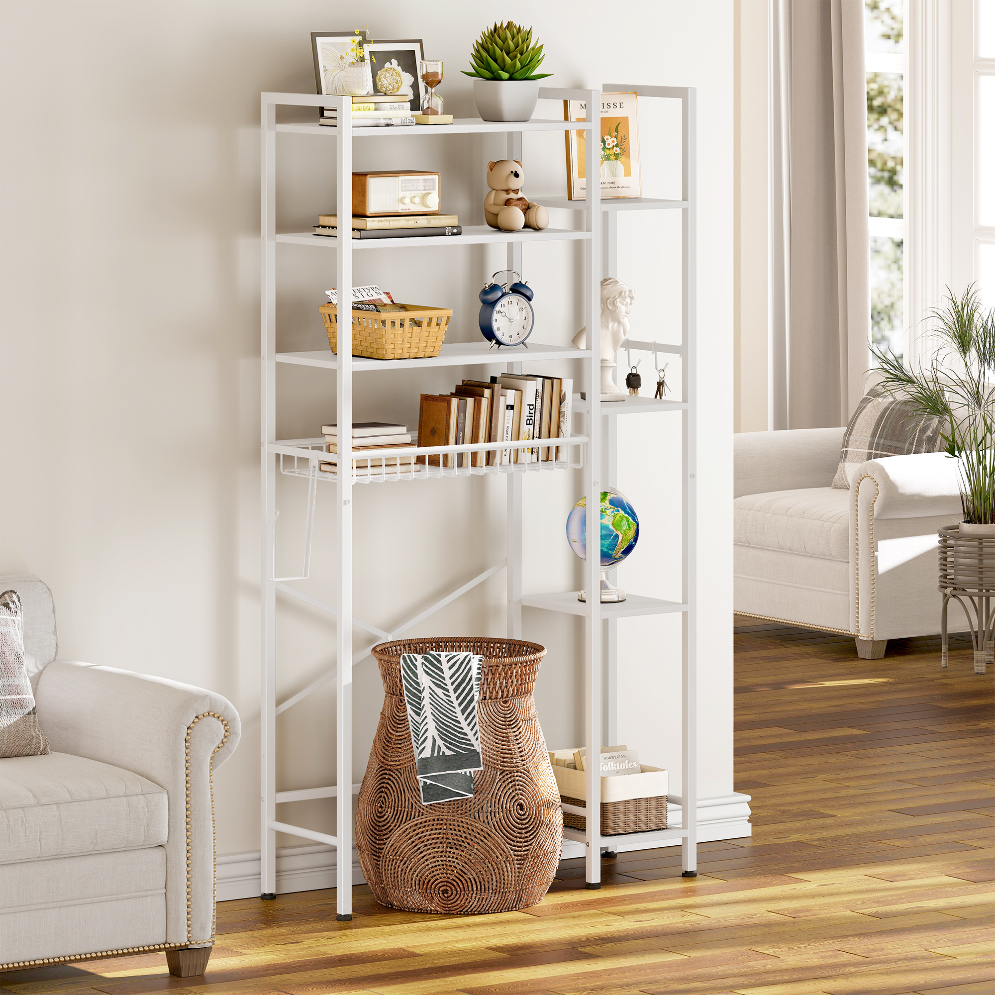 Biemlerfn 8-Tier Over the Toilet Rack, Bathroom Storage Organizer with Adjustable Shelves, Toilet Paper Holder & Hooks, White