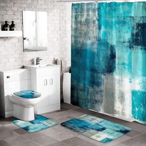 All Smiles Bathroom Sets Teal Shower Curtains with 12 Hooks Large Bath Mat, Toilet Lid Cover and U-Shape Rugs for Home Hotel Decor